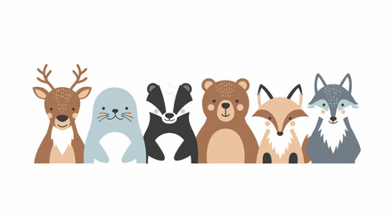 Adorable woodland creatures including deer, seal, badger, bear, fox, and wolf in a charming horizontal border design