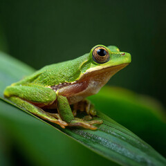 Obraz premium Green tree frog with detailed skin and prominent eyes, perched on a tropical green leaf in a natural, blurred background.