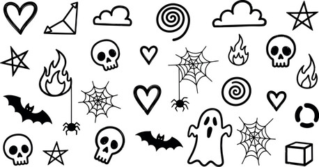 Vector art of set of halloween doodles with skulls, ghosts, bats, and spiders