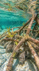 Underwater view showcasing the intricate root system of a mangrove tree in the shallow, clear turquoise waters of a tropical environment.