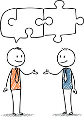 Two stick figures collaborating on a puzzle representing teamwork and partnership.