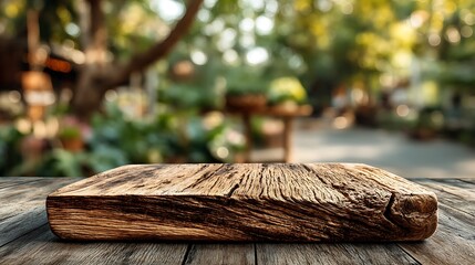 Natural wooden podium at bottom center with small empty surface, soft blurred garden background, leaving 75% blank space for organic products, eco-friendly branding, and healthy lifestyle display.