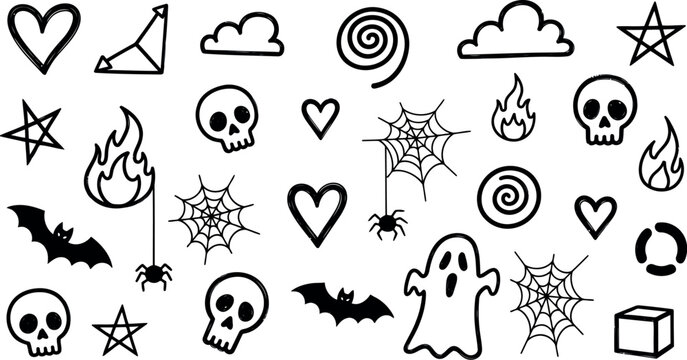 Vector art of set of halloween doodles with skulls, ghosts, bats, and spiders