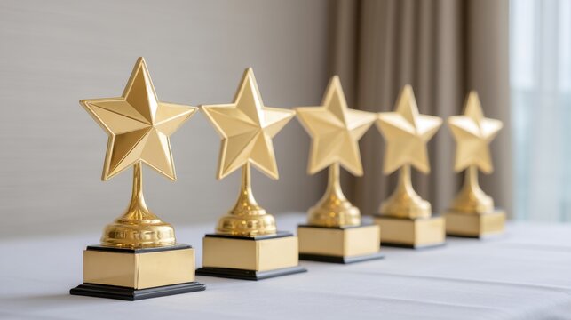 Golden star trophies arranged in a row on a clean table against a soft background, perfect for award ceremonies and recognition events in various settings.