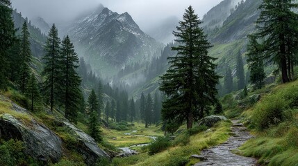 Misty trail through foggy forest with green grass and mountains