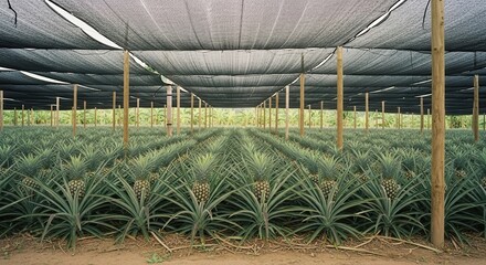 Photo of sustainability rows of young pineapple plants growing under a protective shade cloth structure in a field, with wooden poles supporting the netting and a clear horizon in the distance