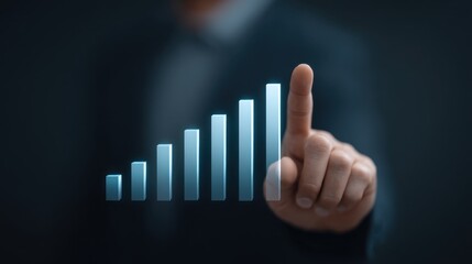 Business professional analyzing data trends using virtual interface with rising graph bars indicating growth in a corporate environment