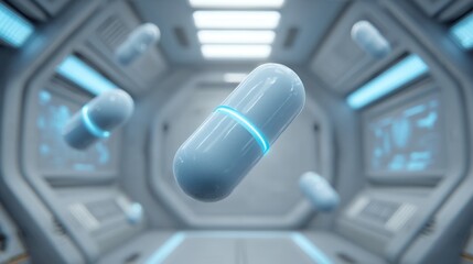 Futuristic Capsule in a High-Tech Environment with Enhanced Lighting Effects and a Sleek Design, Ideal for Science Fiction Themes and Medical Concepts
