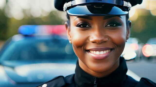 African American female police officer - female cop posing for photo with a police car.