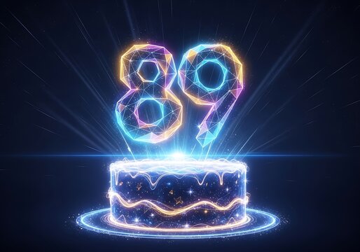 Vibrant 89th Birthday Illustration Featuring a Holographic Number on a Glowing Futuristic Pedestal with Particles