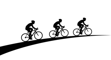 Dynamic cyclists in silhouette race uphill on a sleek, modern road against a clean white backdrop, showcasing determination and speed.