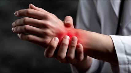 Close-up of person holding painful wrist with highlighted inflammation, concept of arthritis, carpal tunnel syndrome, joint pain, tendonitis, and musculoskeletal disorders 