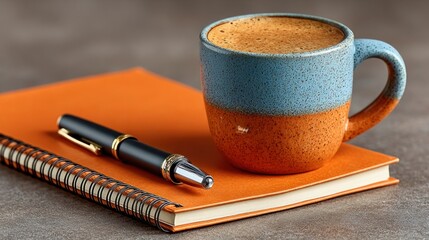 Open notebook with coffee and pen on dual tone background