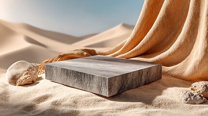 Minimalist stone platform on sandy beige background with 75% empty space, perfect for cosmetic product branding, skincare display, beauty product presentation, and modern clean lifestyle visuals.