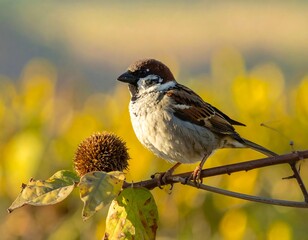 Sparrow perched on branch amidst autumnal foliage