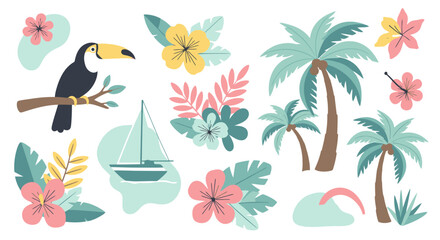 Obraz premium Vibrant tropical collection with toucan, palm trees, sailboat, and exotic flowers evoking summer vacation paradise vibes