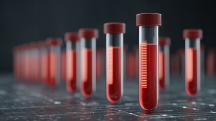 Multiple test tubes filled with red liquid lined up on a dark surface with digital patterns, symbolizing scientific research and laboratory processes.