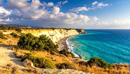 Obraz premium Coastal landscape with cliffs, turquoise water, and dramatic clouds