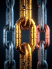 A gleaming golden chain link stands out between blurred silver and bronze chains against a dark background representing strength and connection.