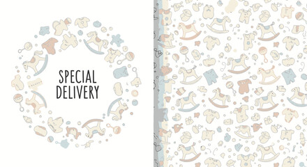 Delightful baby shower invitations feature charming rocking horses, tiny clothes, and rattles with a 'Special Delivery' message