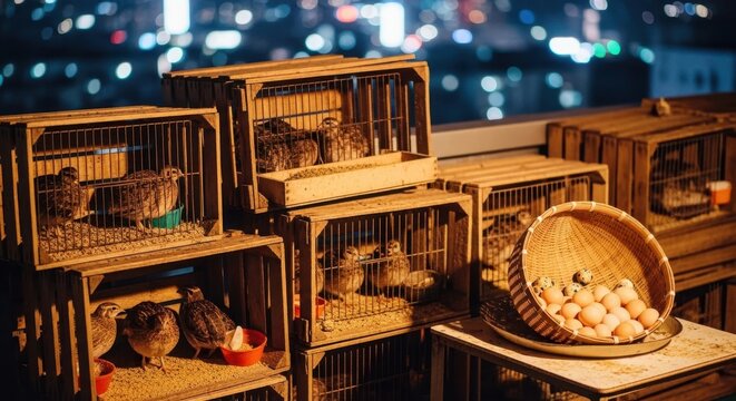 Wooden crates with quails and eggs on a rooftop at night, showcasing sustainable urban farming, eco-friendly animal care, and innovative agriculture in an environmentally conscious city setting.