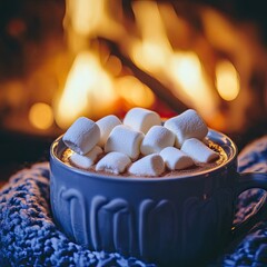Cozy mug of hot chocolate with marshmallows by a fireplace