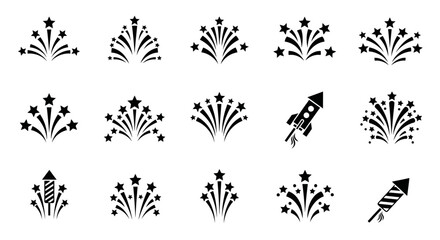 Celebrate with stunning star burst fireworks and rocket icons, perfect for festive occasions, parties, and holiday celebrations.