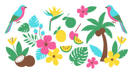 Vibrant tropical paradise with exotic birds, palm trees, lush foliage, and juicy fruits creating a lively summer vibe.