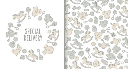 Adorable baby shower elements like rocking horses, onesies, and rattles create a sweet "Special Delivery" theme for newborns and celebrations.