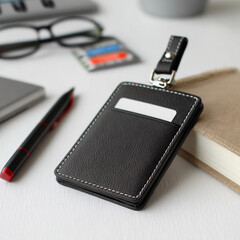 Black Leather ID Card Holder with White Stitching and Blank Card on White Wooden Desk