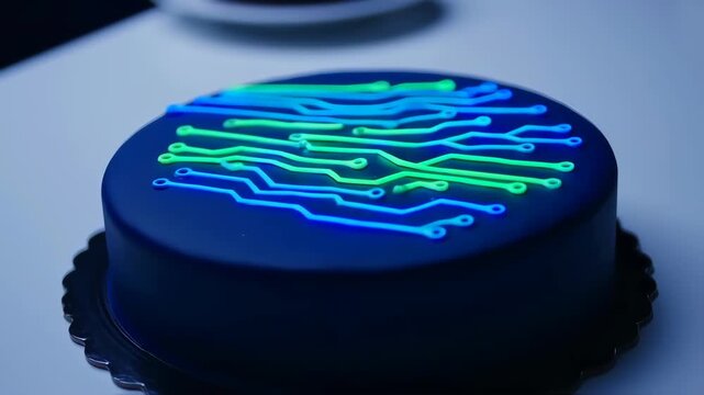 A dark-blue cake decorated with glowing circuit board patterns