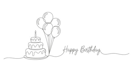 Celebrate special moments with a festive birthday cake and joyful balloons in a minimalist, elegant line art design