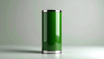 Tall, cylindrical container, dark green, metallic rims, reflective surface, simple background