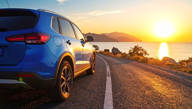 青い車(SUV)でドライブする写真