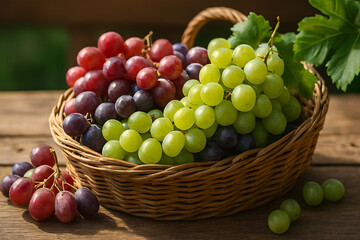 Fresh Grapes Basket in Natural Sunlight Rustic Food Photography