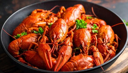 Cooked crawfish in a dark pan