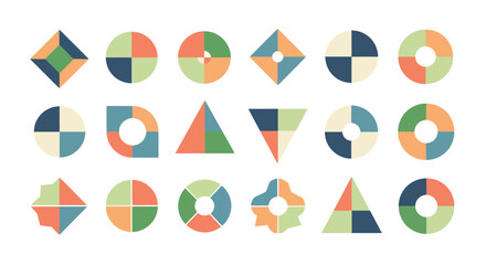 Modern geometric shapes in segmented, colorful designs offer dynamic visual elements for creative projects and branding needs.