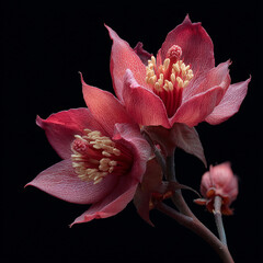 Close-up of a red exotic flower with velvety petals and detailed yellow stamens on a dark background