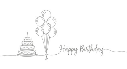 Celebrate joyous moments with a festive birthday cake, a bouquet of balloons, and elegant script wishing happiness and good times