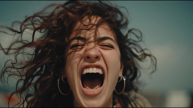 Young woman screaming with passion, wild curly hair blowing in the wind, expressive emotional portrait with rebellious energy