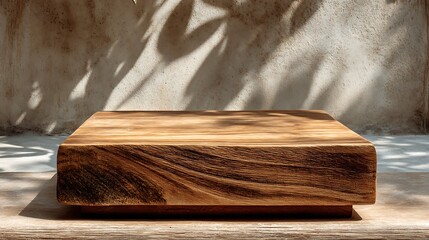 Eco style wooden podium bottom center with sunlight and blurred wall background, small surface and large blank area, designed for sustainable product promotion, natural branding and modern advertising