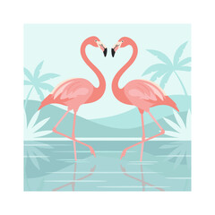 Obraz premium Pink flamingos standing together in tranquil water with palm trees 