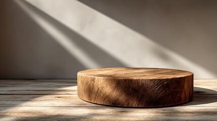 Minimal natural wooden podium placed at bottom center with soft sunlight and blurred wall background, offering empty surface and wide blank space for eco product display concepts.