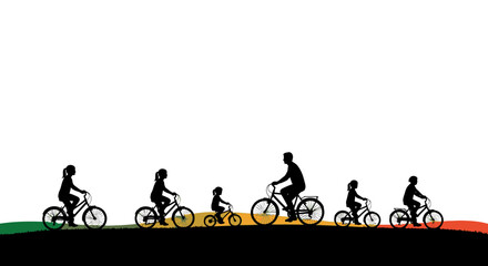 Joyful family cycling adventure across rolling hills at sunset, creating cherished memories together outdoors