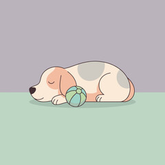 Sleeping dog resting beside a colorful ball on soft background  