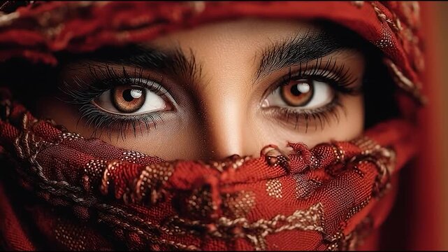 Close-up portrait of mysterious eyes with intense gaze, woman wearing ornate red scarf covering face, dramatic detail and texture