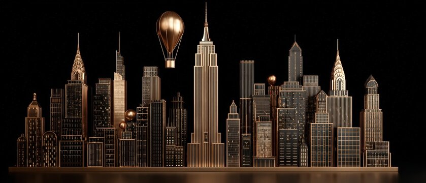 A stunning bronze city skyline with iconic buildings is highlighted by a golden balloon floating above the skyscrapers against a black backdrop.