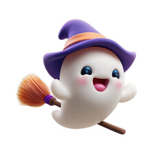 Enchanting Halloween ghost witch soaring on broomstick, radiating joy and whimsical charm, perfect for holiday designs and festive projects