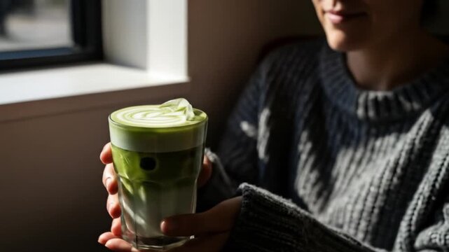 Woman holds verdant beverage by window