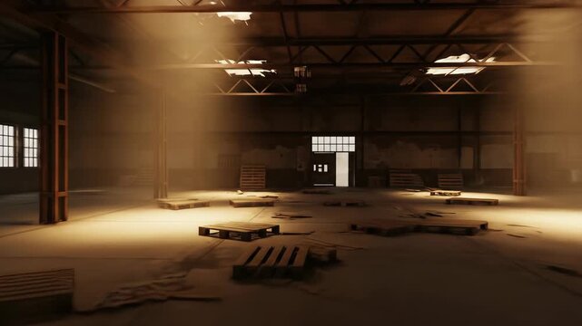Atmospheric Abandoned Warehouse Interior with Golden Hour Lighting and Scattered Pallets, Evoking Industrial Decay